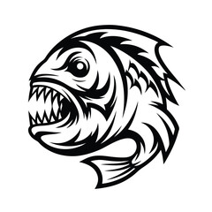 Piranha Head Profile Black & White, Aggressive Fish, Sharp Teeth, Open Mouth, Fierce