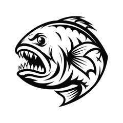 Piranha Fish Sharp Teeth, Angry Expression, Detailed Fins, Black & White