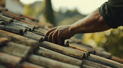 Hand Working on Old Roof Tiles