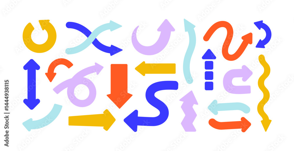 Aufkleber Arrows set. Curved pointers pointing and showing movements, actions. Point symbols, twisted design elements for ui, refresh, reload and shuffle. Flat vector illustration isolated on white background