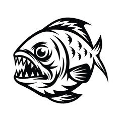 Piranha Fish with Sharp Teeth, Fin, and Eye, Isolated, Black Silhouette on White Background