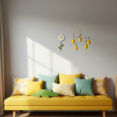 modern living room with sofa, Minimalist kids wall with a daisy and lemon mobile above a mustard yellow bench with playful cushions and a green crocodile toy.,living room interior