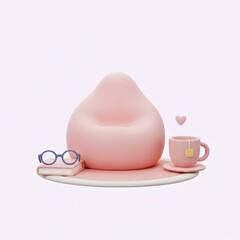 Beansbag with cup of tea, 3d rendering isolated on white background. Cartoon plastic style icon
