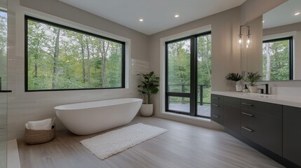 Fototapeta premium Luxurious modern bathroom with scenic nature views through large windows