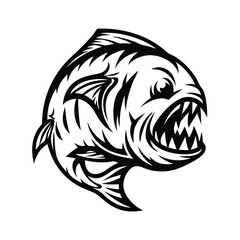 Monochrome Piranha with Sharp Teeth, Abstract Fish, Fierce Predator, Black and White
