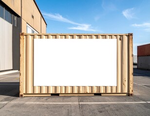 Fototapeta premium Blank white poster on beige shipping container in industrial area for signage or advertising concept presentation in clean daylight setting.
