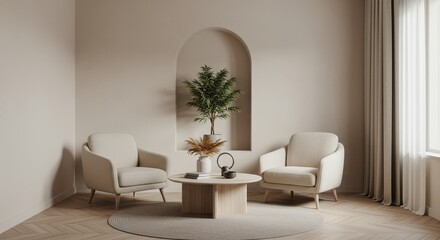 Living room with armchairs, coffee table and plant in niche