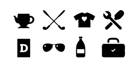 Conjunto de íconos con temática del Día del Padre que incluye corbata, caja de herramientas, bigote, parrilla, trofeo, taza de papá, reloj de pulsera y caña de pescar para uso digital e impreso.