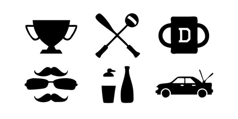 Conjunto de íconos con temática del Día del Padre que incluye corbata, caja de herramientas, bigote, parrilla, trofeo, taza de papá, reloj de pulsera y caña de pescar para uso digital e impreso.