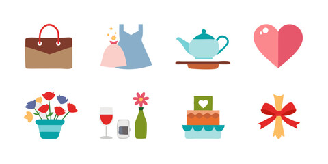 Set of Mother's Day icons featuring bouquet of flowers, heart, gift box, perfume bottle, pearl necklace, and high heels for celebration, greeting cards, and festive design