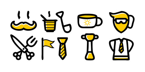Conjunto de íconos con temática del Día del Padre que incluye corbata, caja de herramientas, bigote, parrilla, trofeo, taza de papá, reloj de pulsera y caña de pescar para uso digital e impreso.