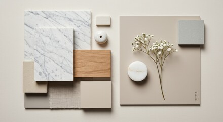 Interior design mood board featuring marble wood and neutral color swatches