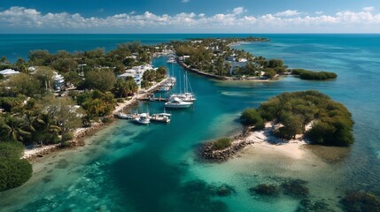 Aerial view of a tropical island with boats in a calm bay. (1)