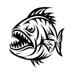 Isolated Tribal Piranha Illustration, Black and White, Sharp Teeth, Fish Silhouette