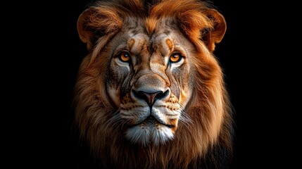 Fototapeta premium Majestic lion portrait, close-up, against black backdrop. A powerful, fierce, golden-brown lion's head takes center stage