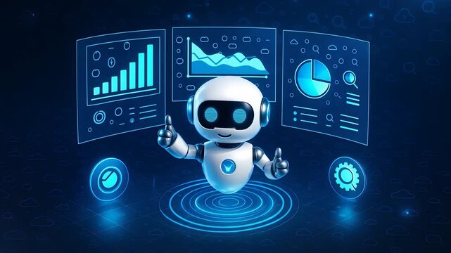 Cute AI Robot Giving Thumbs Up Surrounded by Analytics Charts Representing Smart Data Reporting and Digital Performance Insight

