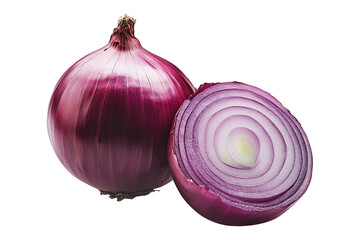 Whole and halved sliced red onion with visible layers isolated on white transparent background, concept of healthy eating.