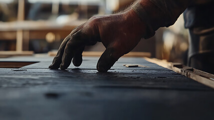 Close-up of a Carpenter's Hand Working on Wood