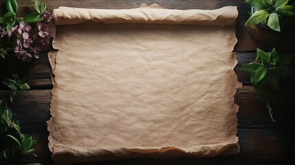 Antique parchment scroll nestled on aged wooden planks amidst verdant foliage