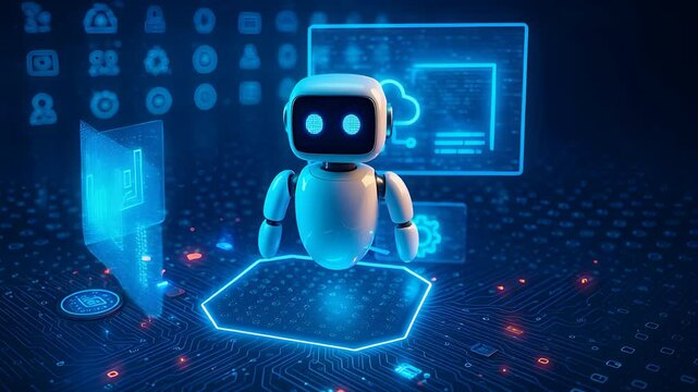 Cute Floating AI Robot with Holographic Cloud and Data Interface Representing Virtual Assistant and Smart Cloud Technology

