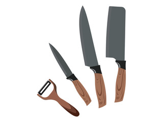 Set of kitchen knives with wooden handles and vegetable peeler, flat vector design