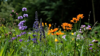 Colorful wildflowers growing in a field of green grass