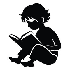 Silhouette of Boy Sitting, Reading, Holding a Book. Monochromatic Illustration