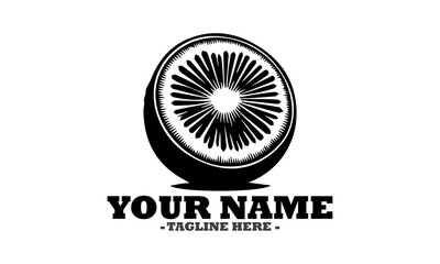 sketch depicts a halved kiwi fruit revealing its textured flesh and seeds, accompanied by two delicate leaves. Food kiwi illustration concept and kiwi vector logo design