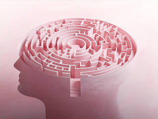 3D Pink Maze Inside Head Silhouette on Pastel Background – Conceptual Mental Health Illustration