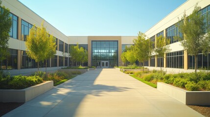 Modern office building surrounded by vibrant landscape and contemporary design
