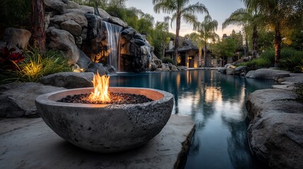 Concrete fire pit by tranquil pool and waterfall at sunset.