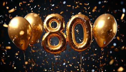 Golden Number 80 Balloons With Confetti, Celebrating an Eightieth Birthday or Anniversary