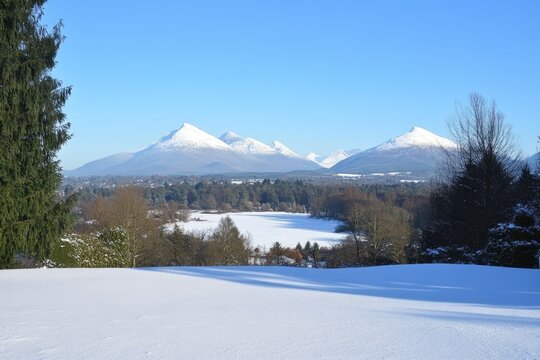 Snowy landscape with distant snow-capped mountains and a frozen lake  A tranquil winter scene of a valley - Powered by Adobe