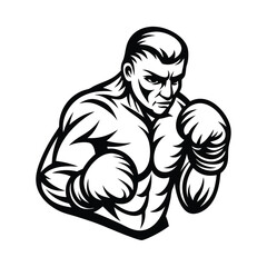 Muscular Boxer with Gloves in Fighting Stance, Black and White Isolated