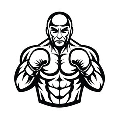 Black & White Boxer Design, Bald, Muscular Physique, Wearing Boxing Gloves, Fighting Stance