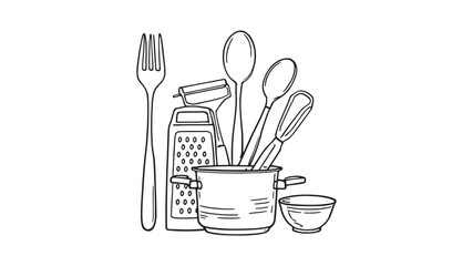 Hand Drawn Kitchen Tools line art used in cookbook covers