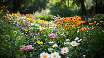 Obraz premium A vibrant display of various wildflowers in a sunny garden setting
