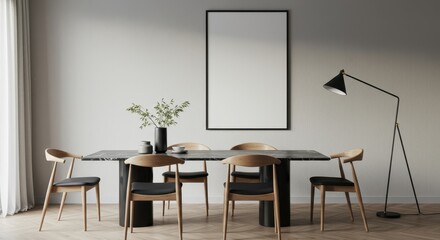 Dining room with modern furniture, blank frame and floor lamp against a neutral wall