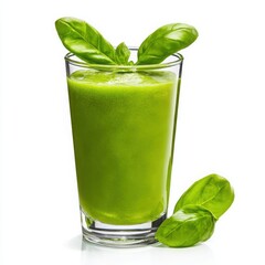 Green smoothie with basil leaves on white background