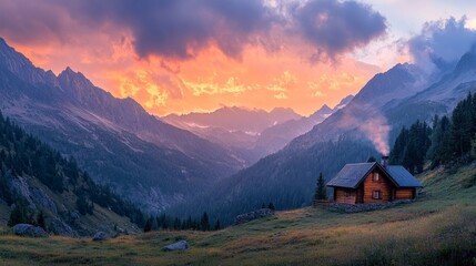 Nestled in a tranquil valley, the rustic cabin features smoke curling from its chimney as a breathtaking sunset casts vivid colors across the mountain peaks and surrounding landscape