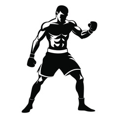 Muscular Boxer Silhouette with Gloves in Stance, Strong Athletic Male on White