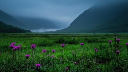 Obraz premium Purple Flowers Bloom In Lush Fields Near Mountain Landscapes