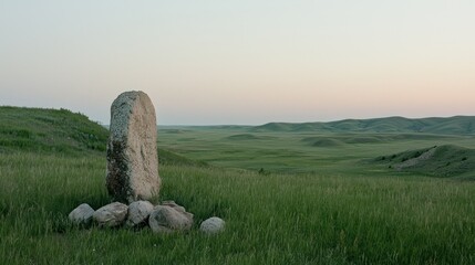 A large stone monolith sits among a grassy and hilly landscape