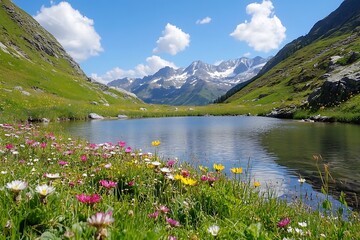 Serene alpine lake reflecting majestic mountains vibrant wildflowers blooming along its shores under a bright sunny sky