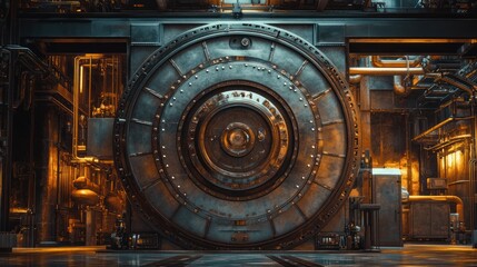 Obraz premium Steampunk Aesthetic: Gigantic Riveted Metal Doorway within an Industrial Interior