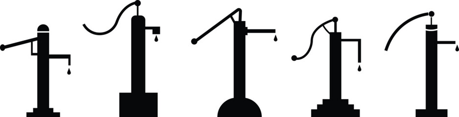Hand pump or manual pump icon set. Consist of spout deep well, lever handle, pipe and body above ground at outdoor, garden for suction source groundwater from shallow borehole at countryside isolated.
