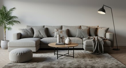 Modern living room interior with sectional sofa, coffee table and floor lamp