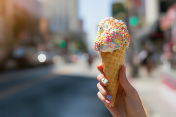 Delightful Summer Treat Enjoyed on a Sunny Day in a Bustling City With Colorful Sprinkles and Creamy Ice Cream Generative AI
