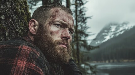 A rugged man with a beard contemplates the wilderness around him