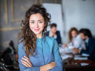 Confident Young Businesswoman Smiling in Modern Office with Team in Background